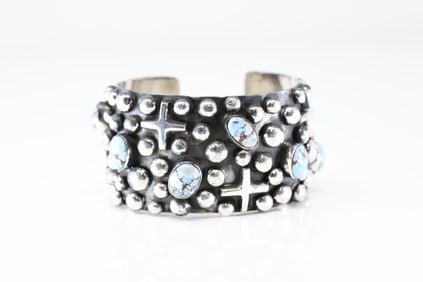 Native America Navajo Sterling Silver Turquoise Cross Bracelet Cuff By Chimnes Butte.