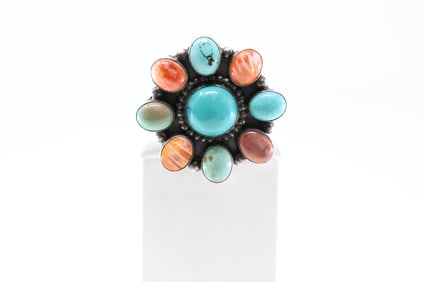 Native America Navajo Sterling Silver Spiny Oyster & Turquoise Ring By W.D.