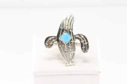 America Sterling Silver Turquoise Cactus Ring.