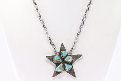 Native America Navajo Sterling Silver Kingman Turquoise Star Necklace By Jude Candelaria.