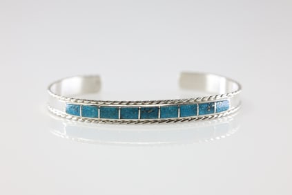 Native America Navajo Sterling Silver Turquoise Inlay Bracelet By J.P.