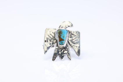 Native America Zuni Sterling Silver Turquoise Thunderbird Ring By Jude Candelaria.