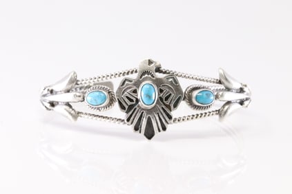 Native America Navajo Sterling Silver Turquoise Thunderbird Bracelet Cuff By Bobby Platero. From R.B