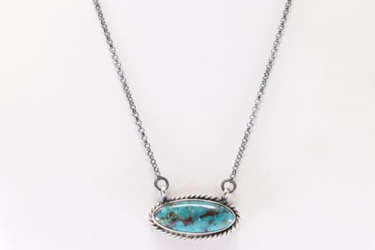 Native America Navajo Sterling Silver Campitos Turquoise Necklace By Johnny Dixon.