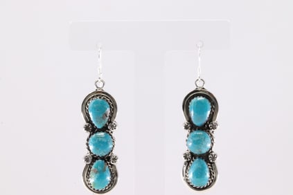 Native America Navajo Sterling Silver Turquoise Dangling Earring's By Marie Bahe.