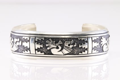 Native America Navajo Sterling Silver Kokopelli Design Bracelet Cuff By T&R Singer.