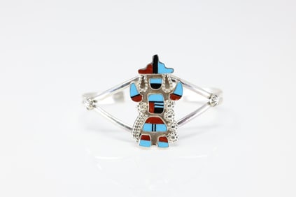 Native America Zuni Sterling Silver Coral & Turquoise Bracelet Cuff By S.J.