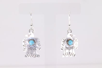 Native America Navajo Sterling Silver Kingman Turquoise Thunderbird Dangling Earring's By Gabriela