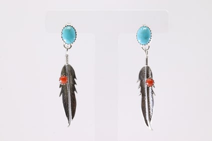 Sterling Silver Coral & Turquoise Post Dangling Earring's.