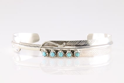 Native America Navajo Sterling Silver Turquoise Feather Bracelet Cuff By Aaron Davis.