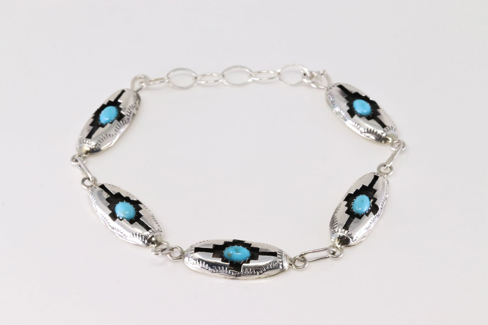 Native America Navajo Sterling Silver Turquoise Bracelet Link By Felix Perry. From Company C. (1 of 4)