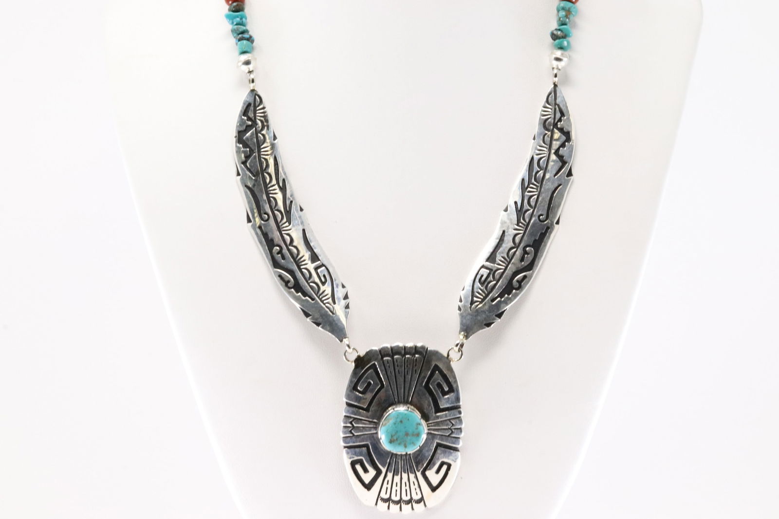 Native America Navajo Sterling Silver Multi-Color Stone Feather Necklace By T&R Singer. (1 of 4)