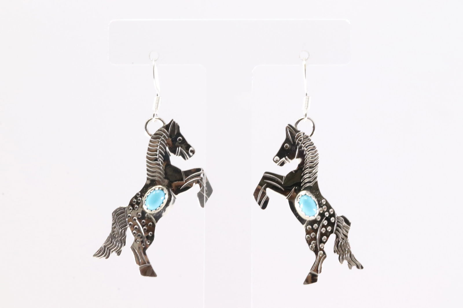 Native America Navajo Sterling Silver Turquoise Horse Dangling Earring's By Louise Yazzie. From C (1 of 4)