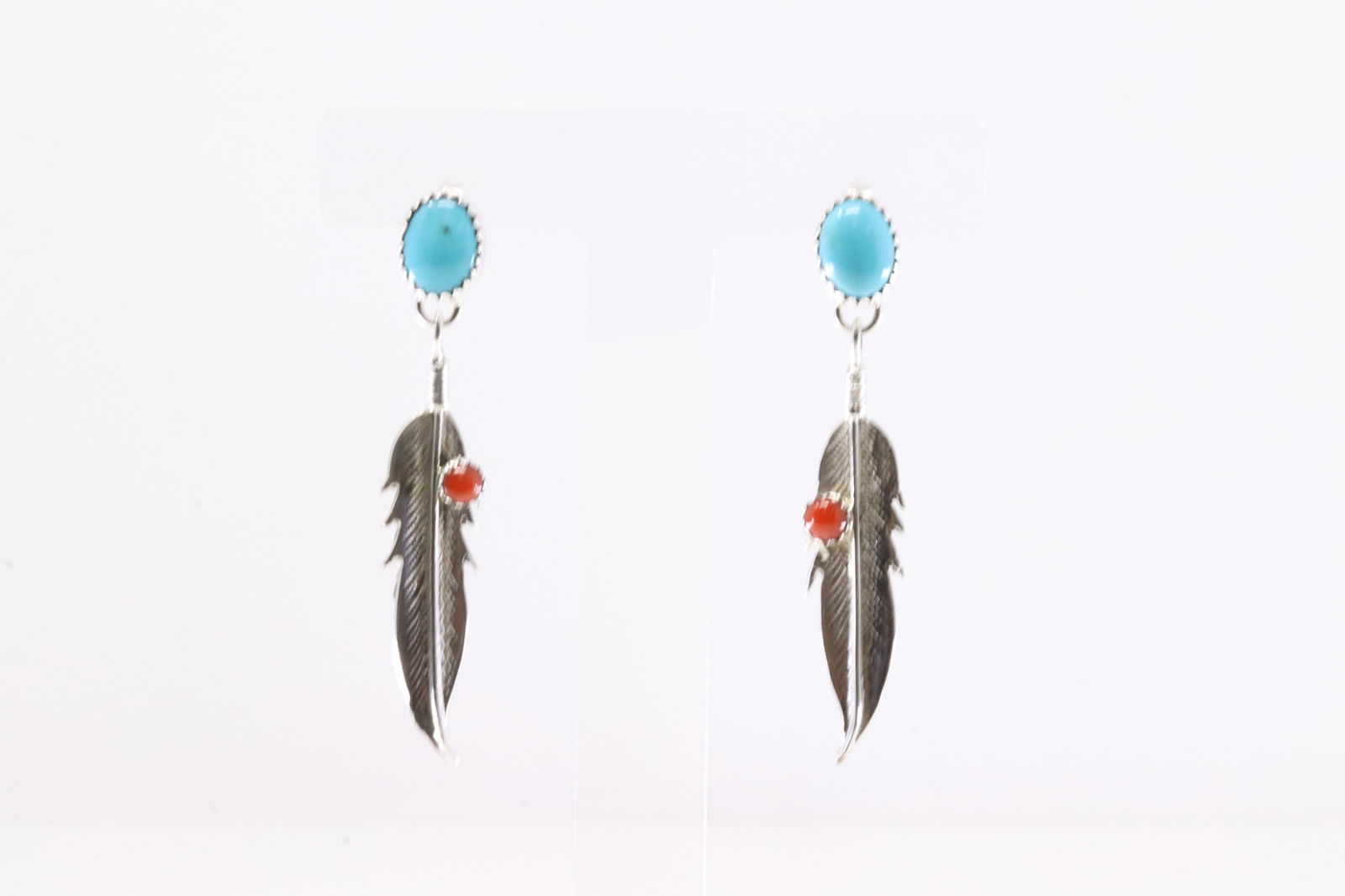 America Sterling Silver Coral & Turquoise Feather Post Dangling Earring's. (1 of 4)