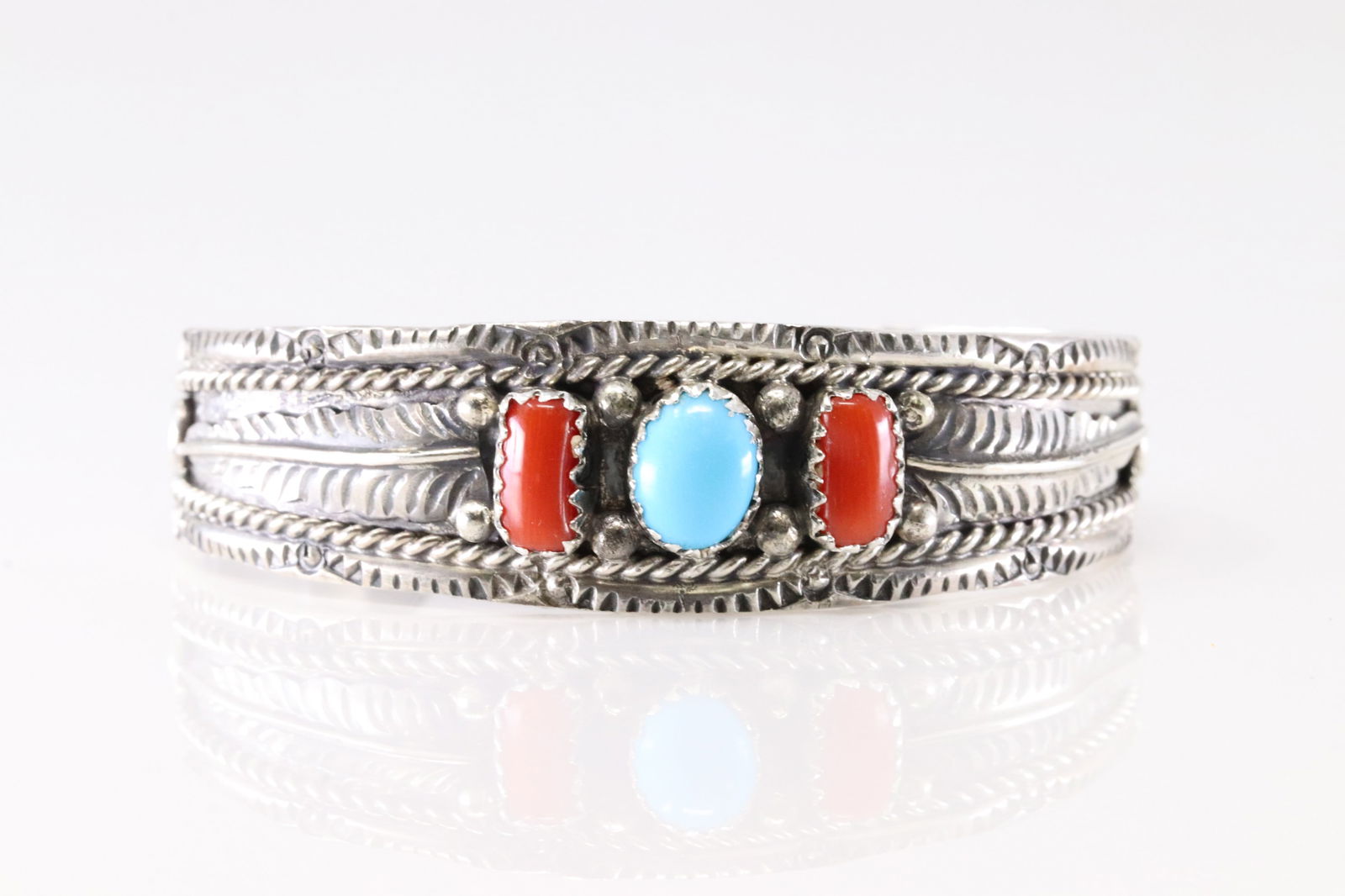 Native America Navajo Sterling Silver Coral & Turquoise Bracelet Cuff By Begaye. (1 of 3)