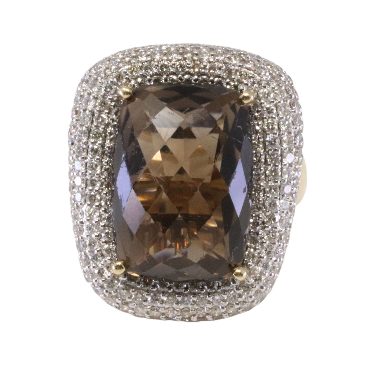 14kt Yellow Gold Smoky Topaz / Diamond Ring.: Ladies 14kt Yellow Gold Smoky Topaz / Diamond Ring. Ring has round Diamonds with one Smoky topaz on the center. Diamods weight: 1.68ctw. Topaz weight: 13.45ct. Ring size: 6.50. Total weight: 11.16