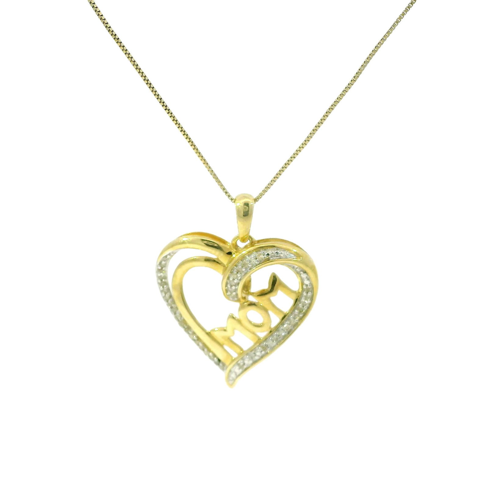 Yellow Gold Heart Diamond Pendant.: Ladies Yellow Gold Heart Diamond Pendant. This elegant gold heart pendant, adorned with sparkling gemstones, is a timeless piece that beautifully captures the essence of love. The word 'Mom' is