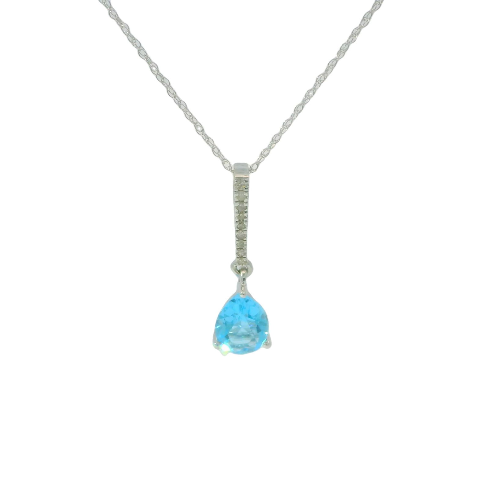 Blue Topaz & Diamond Pendant / Necklace 10Kt.: Ladies 10Kt White Gold Blue Topaz & Diamond / Necklace. Pendant has Blue Topaz Gemstone with 9 Diamonds & A Necklace. Diamonds weight 0.05 ctw. Necklace length: 18.00"
