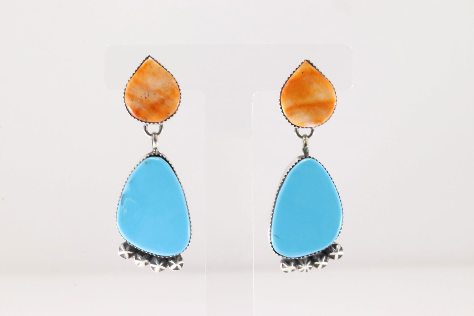 Native America Navajo Sterling Silver Spiny Oyster & Turquoise Post Dangling Earring's By Selina (1 of 4)