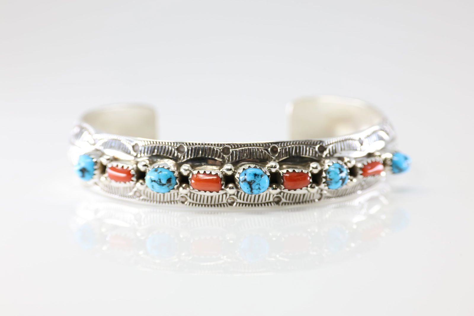 Native America Navajo Sterling Silver Coral & Turquoise Bracelet Cuff By GS. (1 of 4)