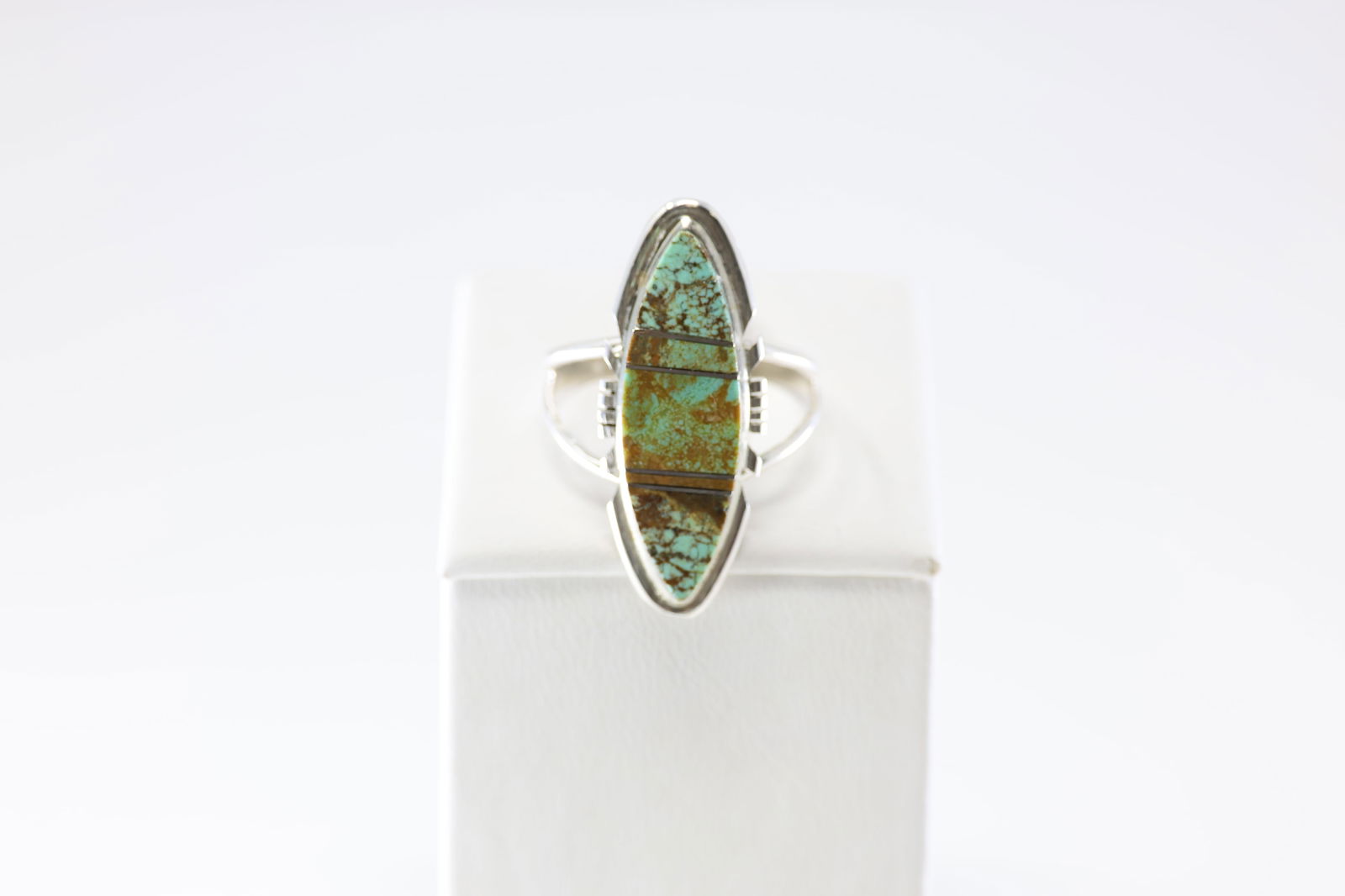 Native America Navajo Sterling Silver Turquoise Inlay Ring By BE. (1 of 3)