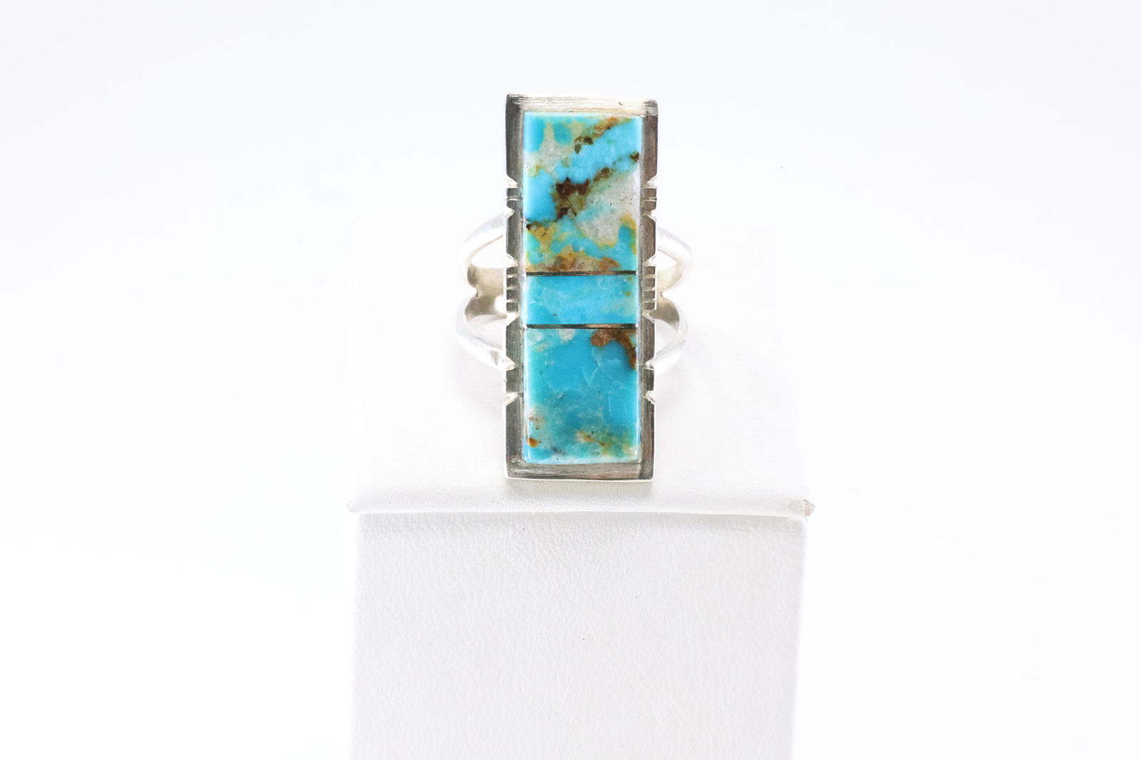 Native America Navajo Sterling Silver Turquoise Inlay Ring By SF.: This is a Native America Navajo Sterling Silver Turquoise Inlay Ring By SF. Stamp SF. Ring Size: 8.00.