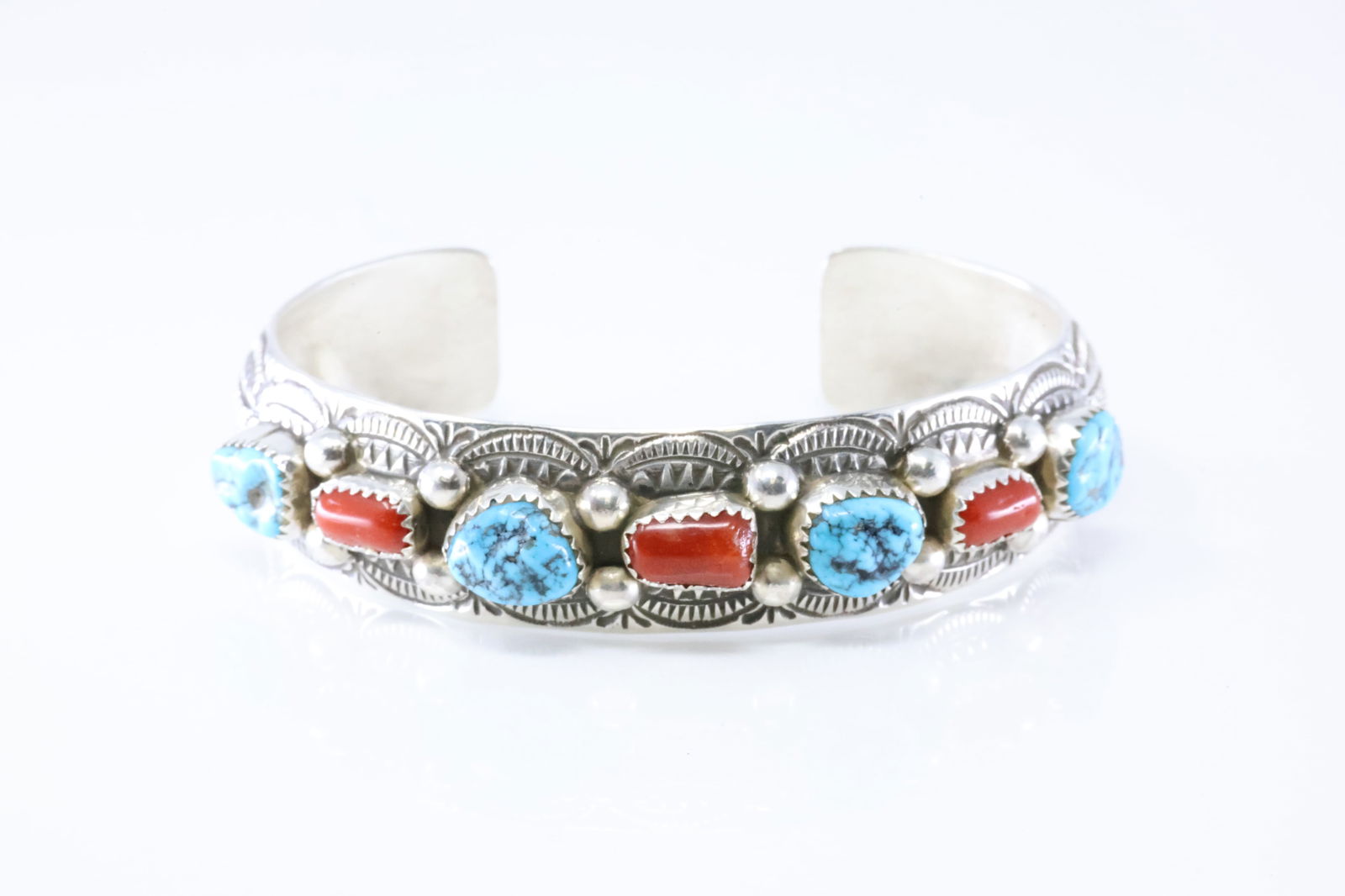 Native America Navajo Sterling Silver Coral & Turquoise Bracelet Cuff By Grace Silver. (1 of 4)