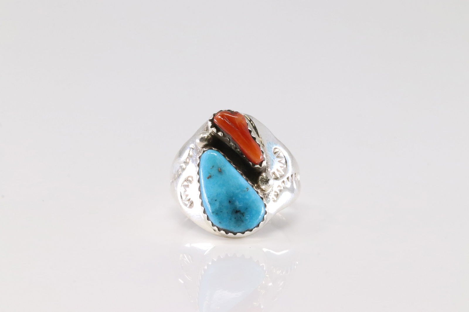 Native America Navajo Sterling Silver Coral & Turquoise Ring By M.L. (1 of 4)
