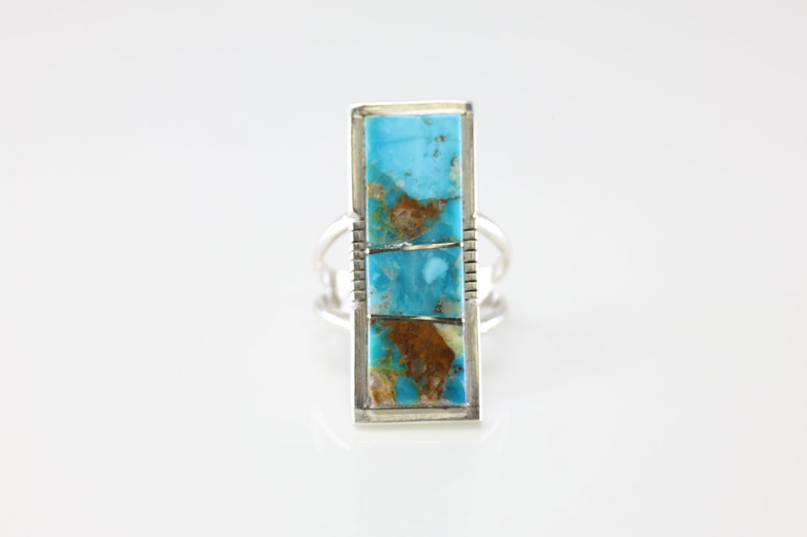 Native America Navajo Sterling Silver Turquoise Inlay Ring By SF.: This is a Native America Navajo Sterling Silver Turquoise Inlay Ring By SF. Stamp Sf. Ring Size: 7.50.