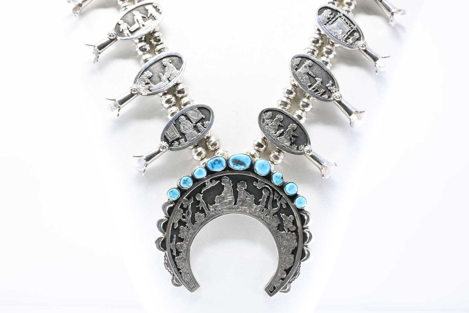 Native America Navajo Sterling Silver Turquoise Storyteller Squash Blossom Necklace By R.W. (1 of 5)