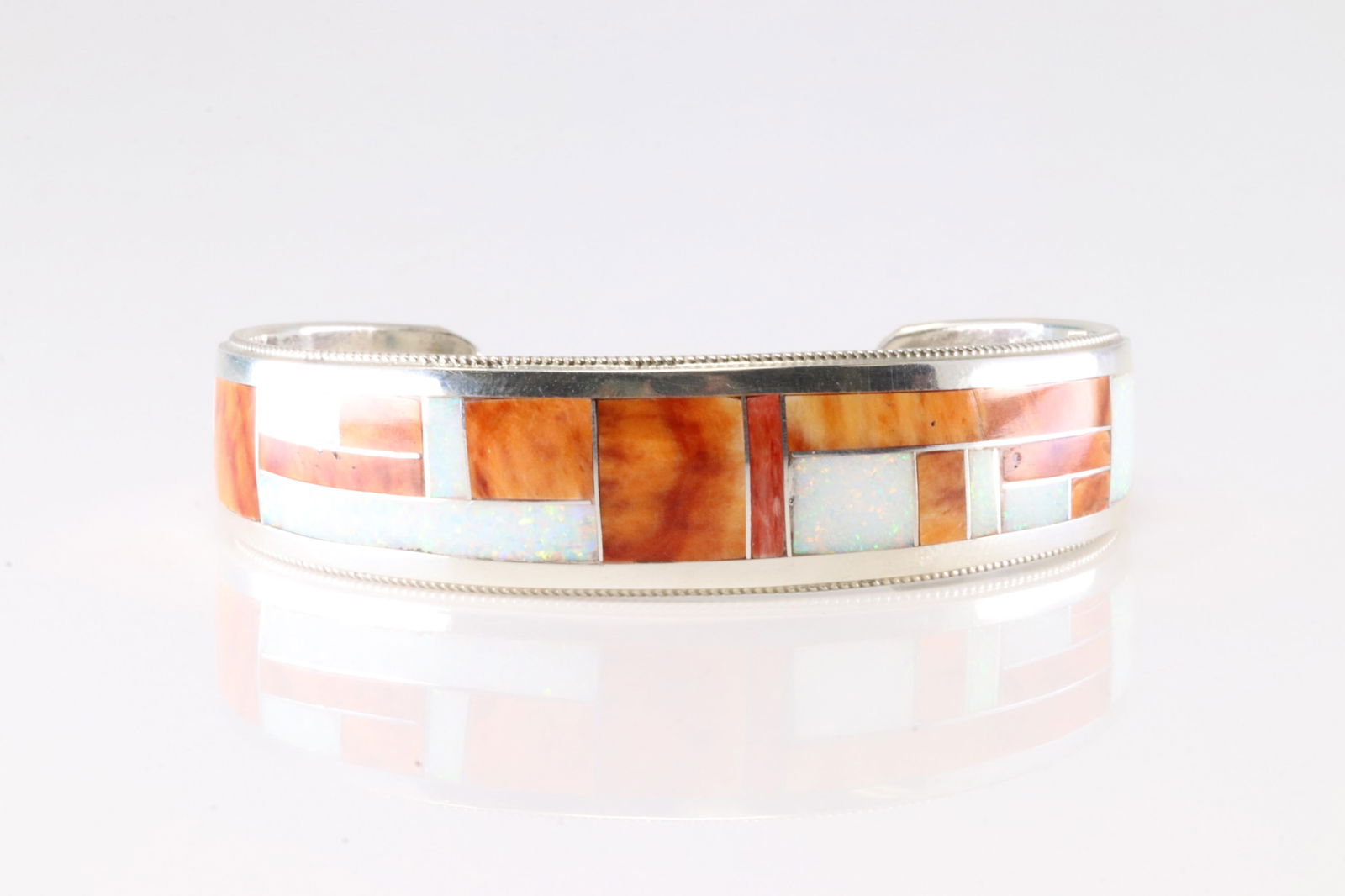Native America Zuni Sterling Silver Opal & Spiny Oyster Inlay Bracelet Cuff By Glendora Booqua. (1 of 4)