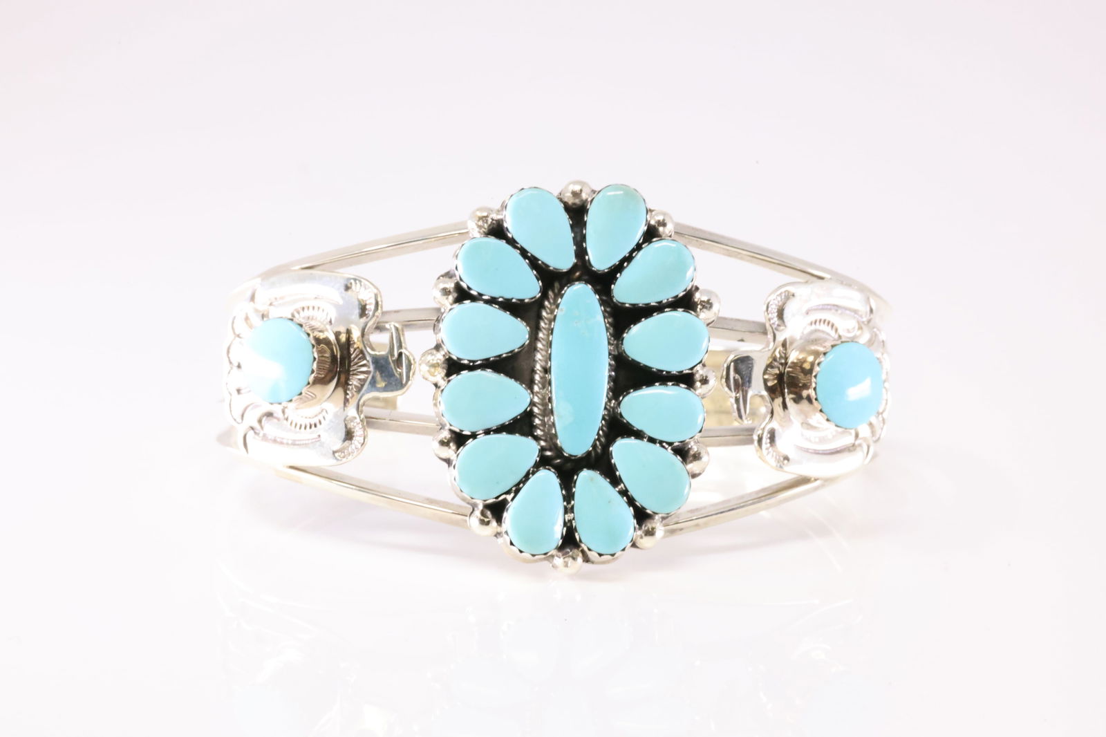 Native America Navajo Sterling Silver Turquoise Floral Bracelet Cuff By Jimmy Garcia. (1 of 4)
