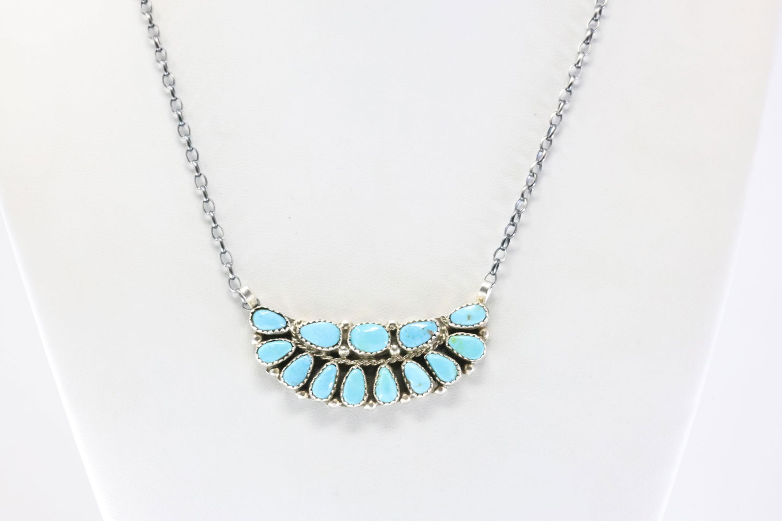 Native America Zuni Sterling Silver Turquoise Necklace By Eunis Tso.: This is a Native America Zuni Sterling Silver Turquoise Necklace By Eunis Tso. Stamp EJW. Necklace Length: 16.00.