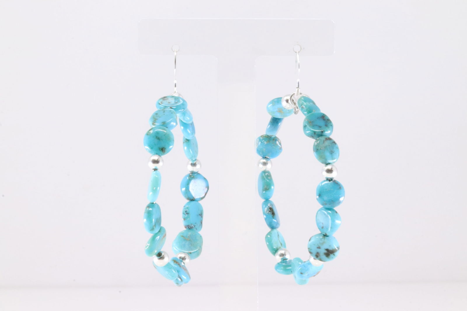 America Sterling Silver Turquoise / Pearl Beaded Hoop Dangling Earring's.: This is a America Sterling Silver Turquoise / Pearl Beaded Hoop Dangling Earring's.