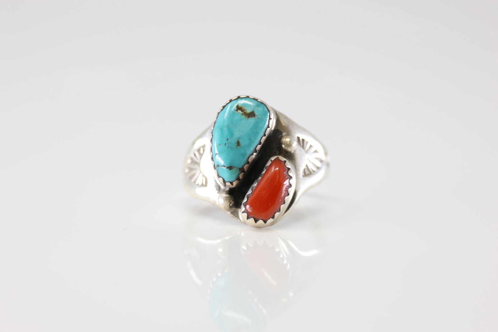 Native America Navajo Sterling Silver Coral & Turquoise Ring By M.L. (1 of 4)