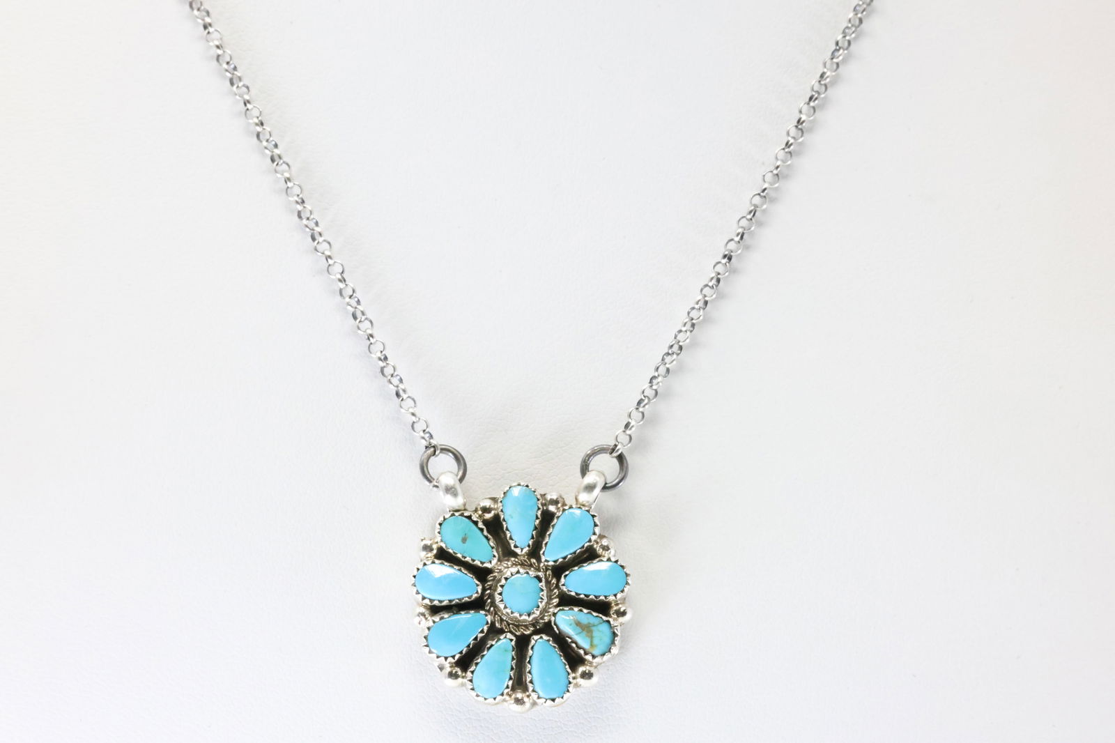 Native America Zuni Sterling Silver Turquoise Necklace By Alicia Wilson.: This is a Native America Zuni Sterling Silver Turquoise Necklace By Alicia Wilson. Stamp AJW. Necklace Length: 16.00.