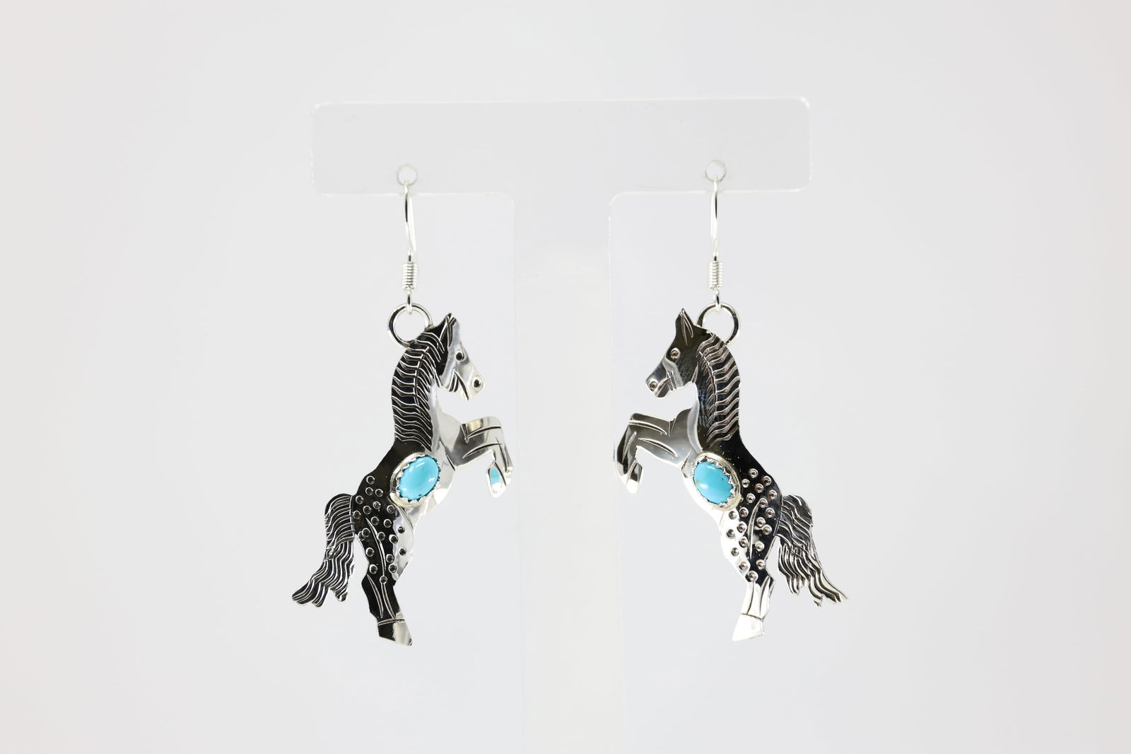 Native America Navajo Sterling Silver Turquoise Horse Dangling Earring's By Louise Yazzie. From C: This is a Native America Navajo Sterling Silver Turquoise Horse Dangling Earring's By Louise Yazzie. From C Company. Stamp C, LY.