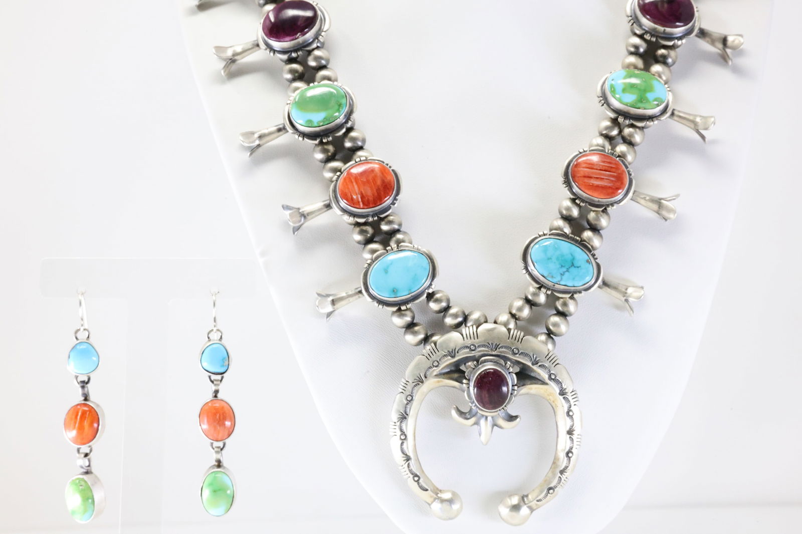 Native America Navajo Sterling Silver Multicolor Stone Squash Blossom Necklace & Earring's Set By (1 of 7)