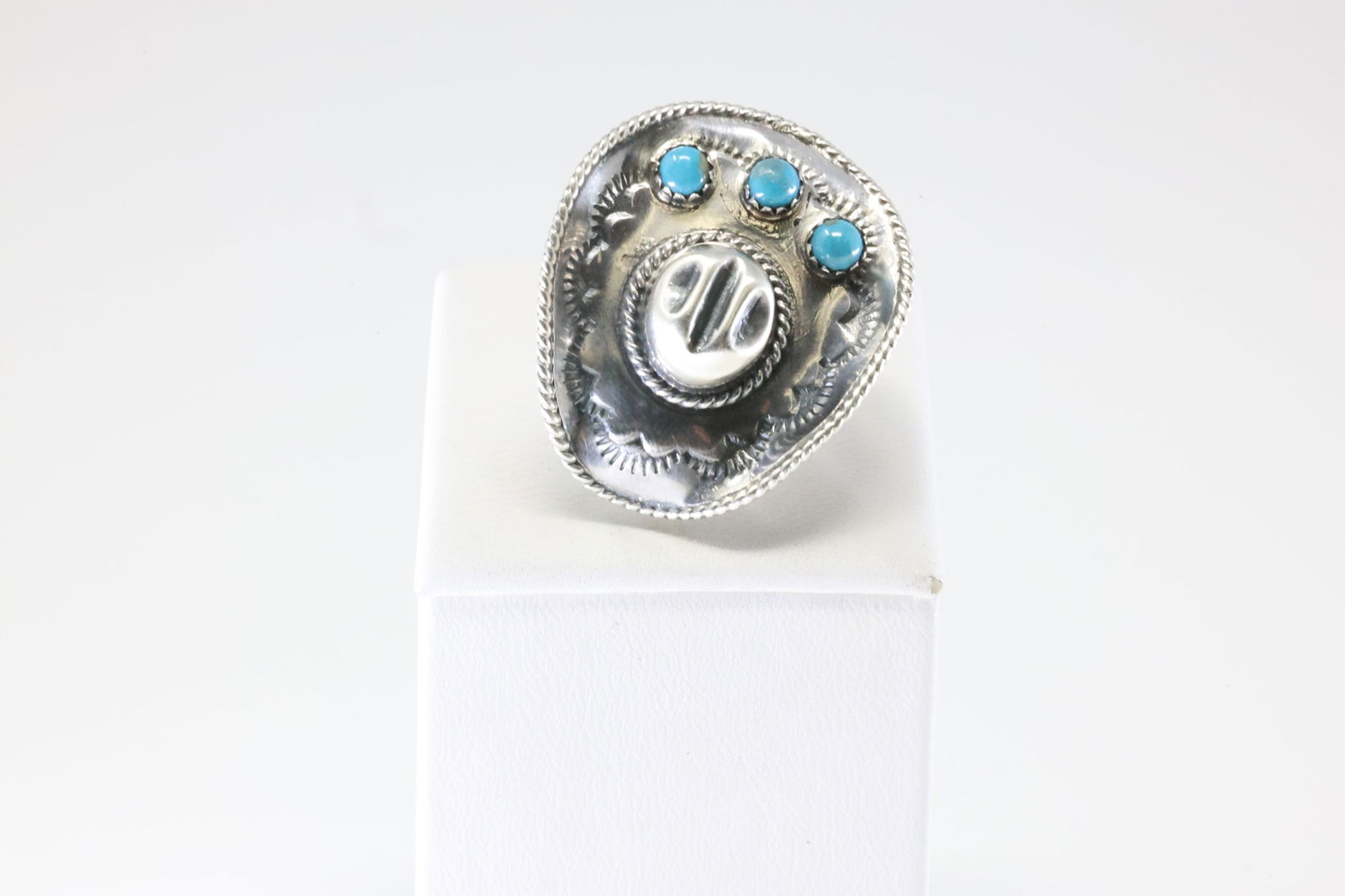 Native America Navajo Sterling Silver Turquoise Cowboy Hat Ring By Bobby Platero. From R.B Company.: This is a Native America Navajo Sterling Silver Turquoise Cowboy Hat Ring By Bobby Platero. From R.B Company. Stamp By R.B Company. Ring Size: 8.50.