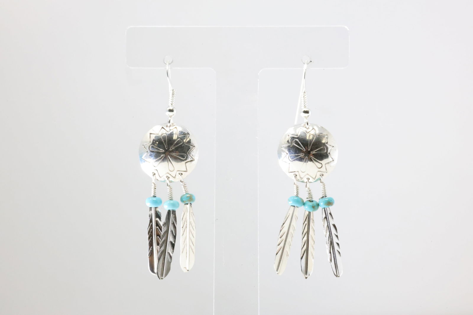 America Sterling Silver Turquoise Feather Dangling Earring's. (1 of 4)