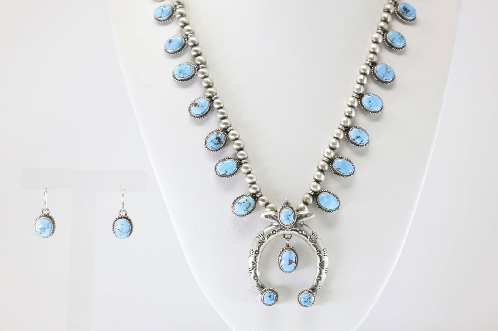 Native America Navajo Sterling Silver Golden Hill Turquoise Squash Necklace & Earring's Set By T. (1 of 7)