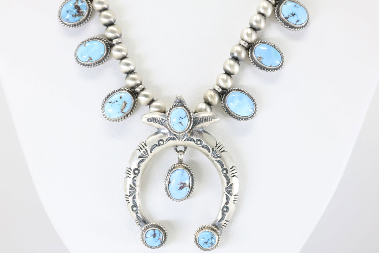 Native America Navajo Sterling Silver Golden Hill Turquoise Squash Necklace & Earring's Set By T. - 6