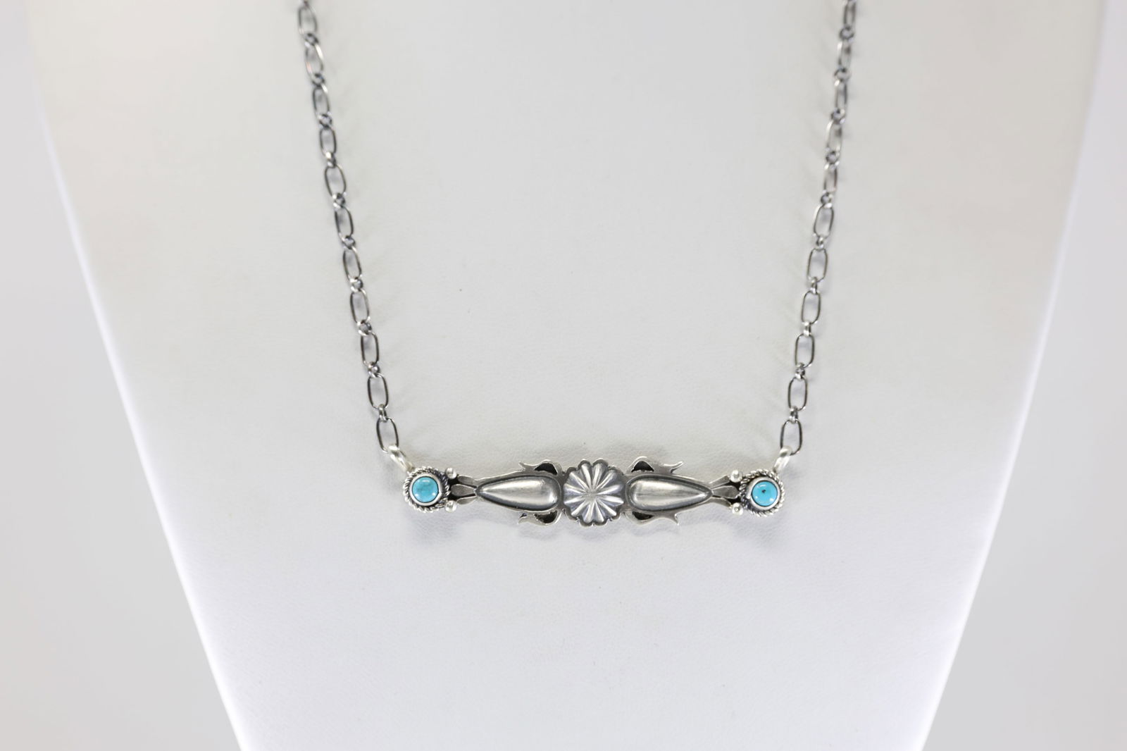 Native America Navajo Sterling Silver Turquoise Necklace By Marita Benally. From R.B Company.: This is a Native America Navajo Sterling Silver Turquoise Necklace By Marita Benally. From R.B Company. Stamp By R.B Company. Necklace Length: 16.00.