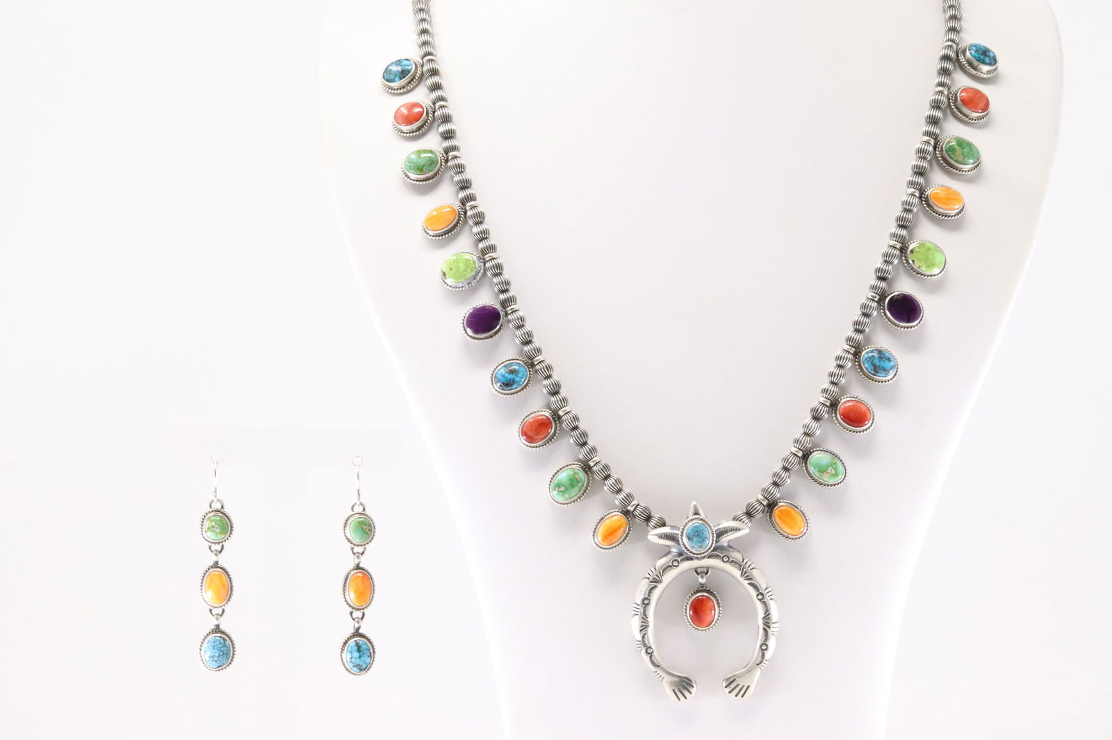 Native America Navajo Sterling Silver Multi-Color Stone Necklace & Earring's Set By T. (1 of 6)