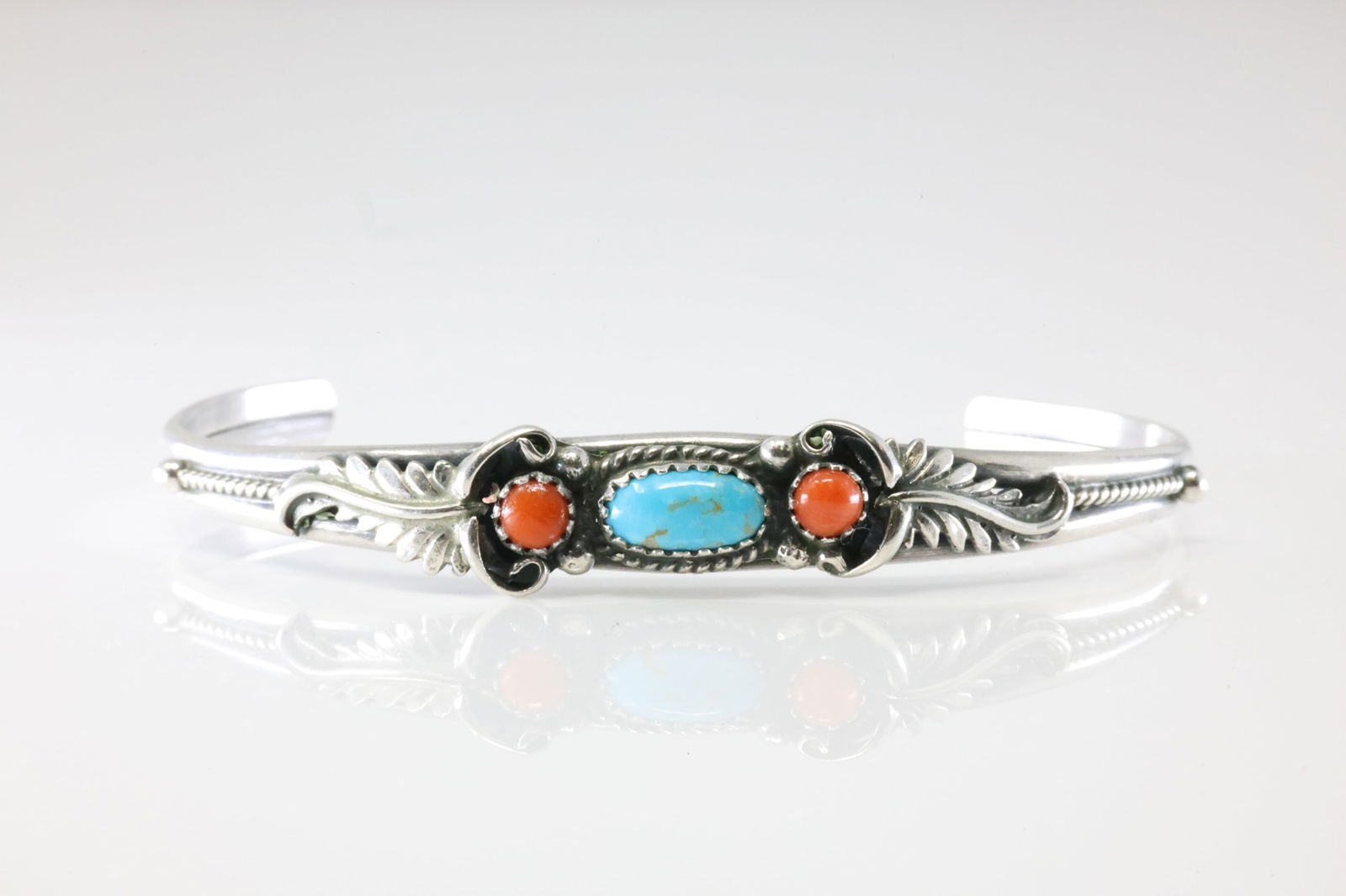 America Sterling Silver Coral & Turquoise Bracelet Cuff.: This is a America Sterling Silver Coral & Turquoise Bracelet Cuff.