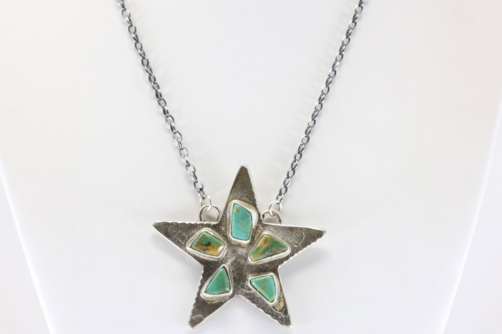 Native American Zuni Sterling Silver Kingman Turquoise Star Necklace By Jude Candelaria. (1 of 4)
