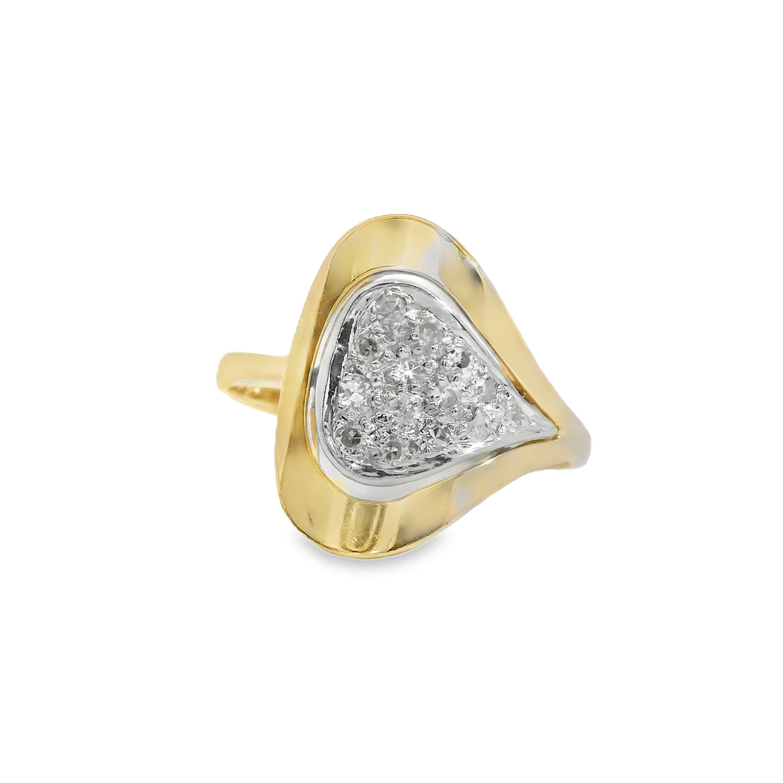 Diamond Ring 14Kt.: 14Kt Yellow Gold Diamond Ring. This exquisite gold ring features a unique teardrop-shaped design encrusted with 14 sparkling diamonds. Perfect for adding a touch of elegance to any outfit, this piece