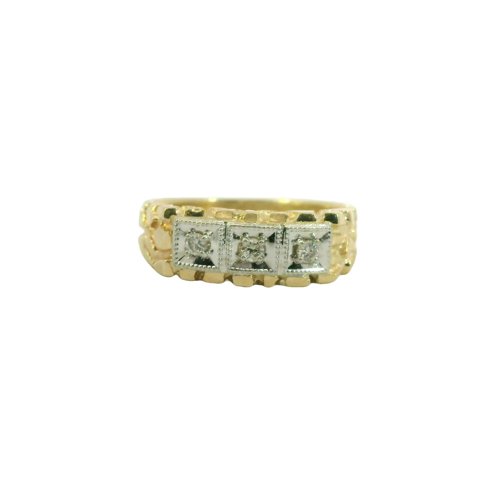 Diamond Yellow Gold Ring 14Kt.: 14Kt Yellow Gold Diamond Ring. This exquisite gold ring features three stunning square-cut diamonds, each set in a beautifully crafted band. The intricate design and sparkling diamond make it a