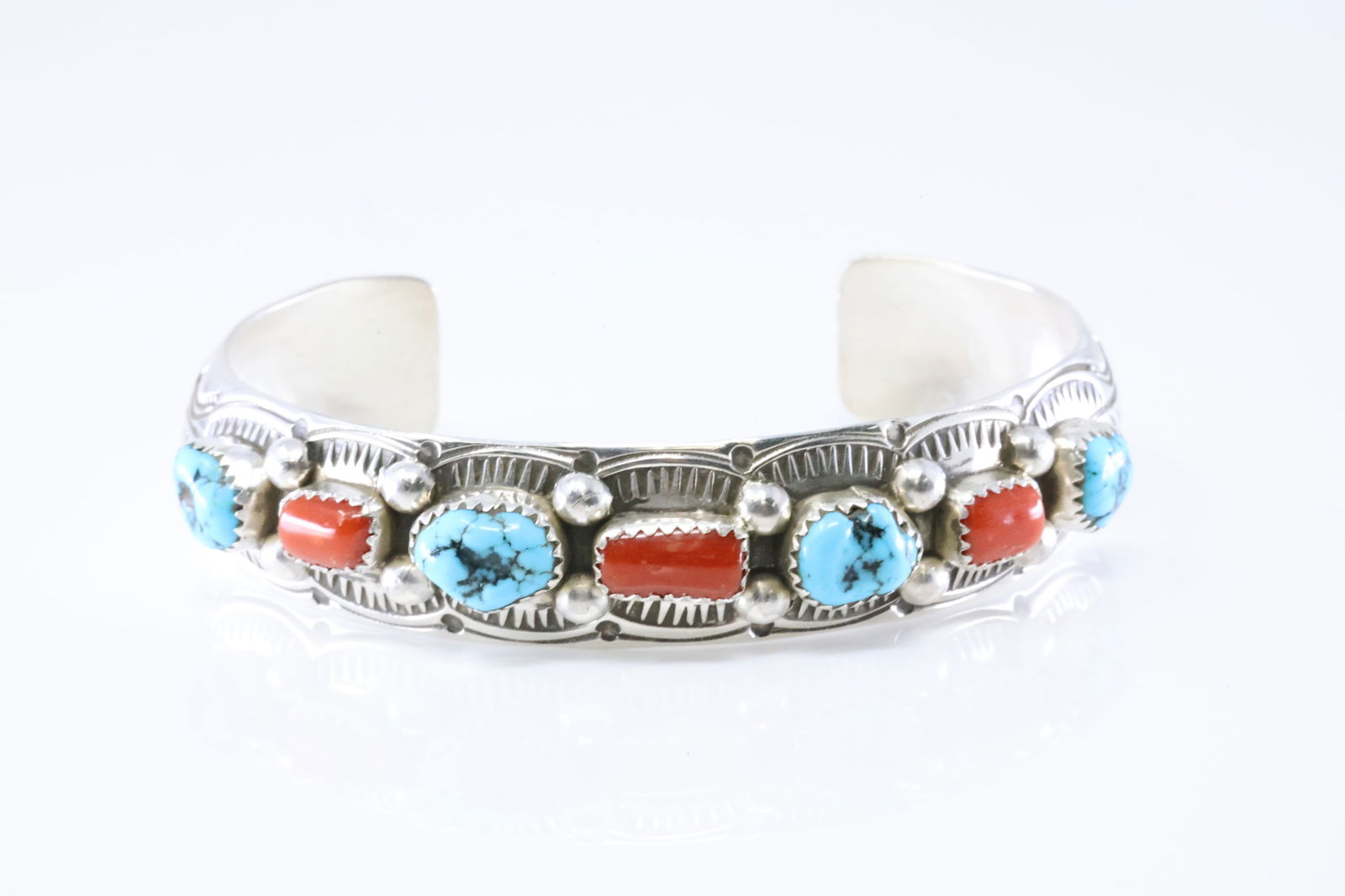 Native America Navajo Sterling Silver Coral & Turquoise Bracelet Cuff By GS. (1 of 4)