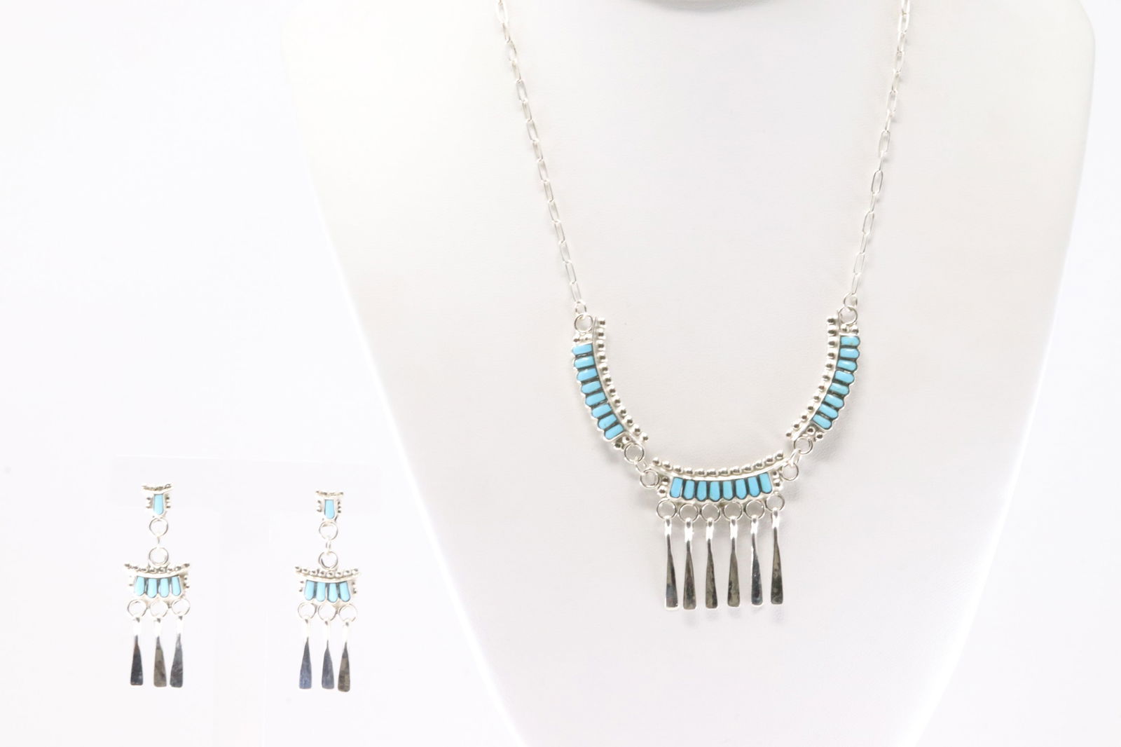 Native America Zuni Sterling Silver Turquoise Inlay Necklace & Earring's Set By Lucy Sheyka. (1 of 6)